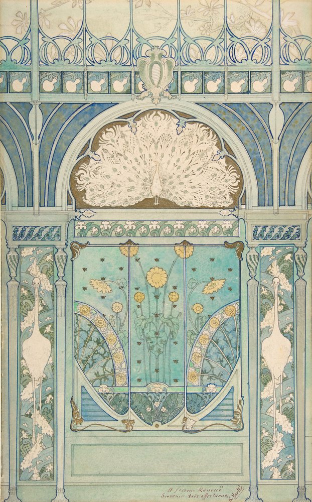 Utforming til en veggdekorasjon med påfugl, traner og solsikker for restauranten..., 1896-98 av Emile Hurtré
