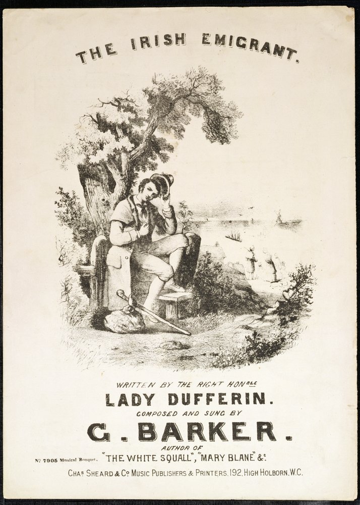 Forside av musikkpartitur til The Irish Immigrant, skrevet av Lady Dufferin, komponert av G. Barker av English School