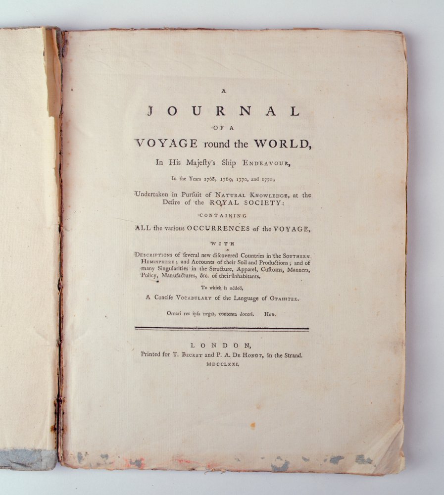 Tittelside til A Journal of a Voyage Around the World in His Majestys Ship Endeavour i årene 1768, 1779, 1770 og 1771, utgitt i London, 1771 (trykk) av English School