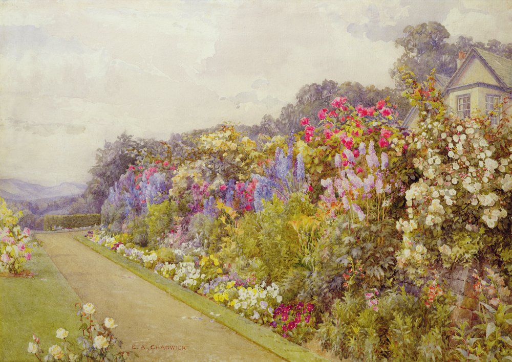 Delphinium-kanten, ved #39;Fellside#39;, Windermere av Ernest Albert Chadwick