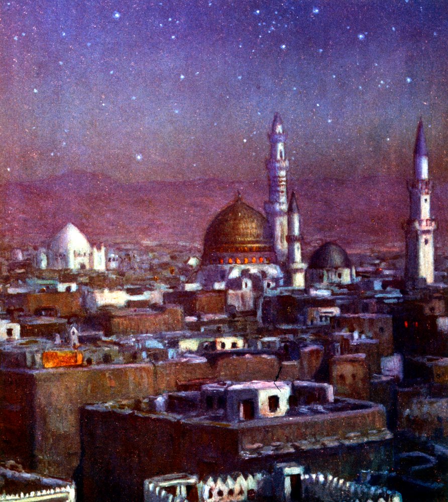 Utsikt over Medina, Arabia, ved måneskinn, som viser kuppelen til profetens grav, 1918 av Alphonse Etienne Dinet