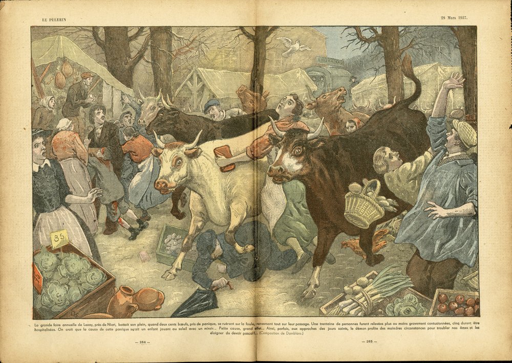 Illustrasjon av Eugene Damblans (1865-1945) i Le Pelerin, 28/03/37 - Den store årlige messen i Lezay nær Niort - Diverse fakta, Økonomi, Folkemengde, Butikker, Landbruk, Belgvekster - Ku, Biff, Camelot-reisende av Eugene Damblans