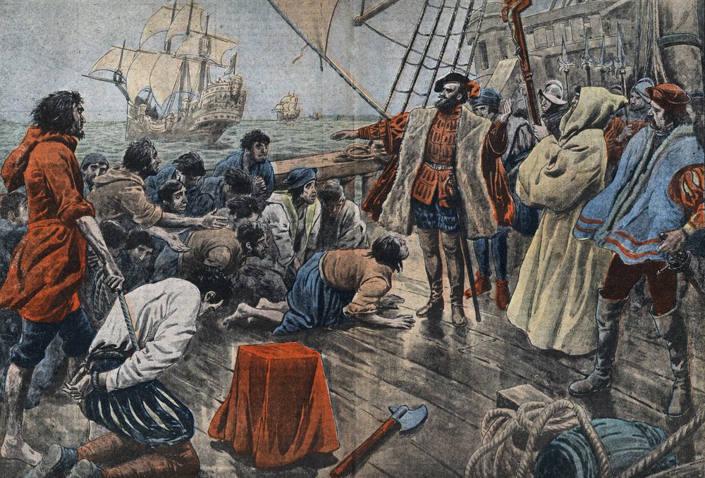 Illustration of the crew of Ferdinand de Magellan swearing their allegiance to him on a cross following an unsuccesful mutiny - Fernand de Magellan (1480-1521), Portuguese navigator soothes a sedition of his crew and after forgiving him makes him swear loy av Eugene Damblans