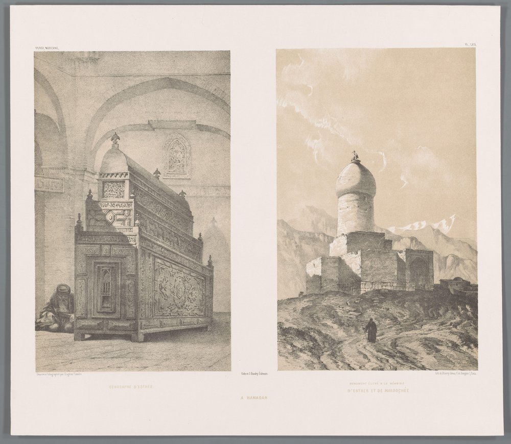 Graftombe van Esther en Mordechai Cenotaph of Esther (tittel på objekt) Monument reist til minne om Esther og Mordecai (tittel på objekt) A Hamadan (tittel på objekt) Perzische landschappen (serietittel) Modern Persia (serietittel) av Eugene Flandin