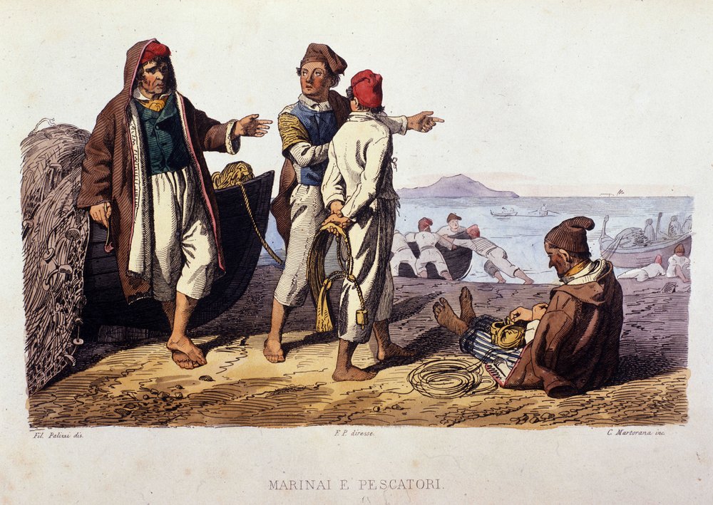 Liten metier av kongeriket Napoli: sjømenn og fiskere. Gravering etter et maleri av F. Palizza. Fra et verk av Francesco de Bourcard "" Costumi del regno di Napoli"" av Filippo Palizzi
