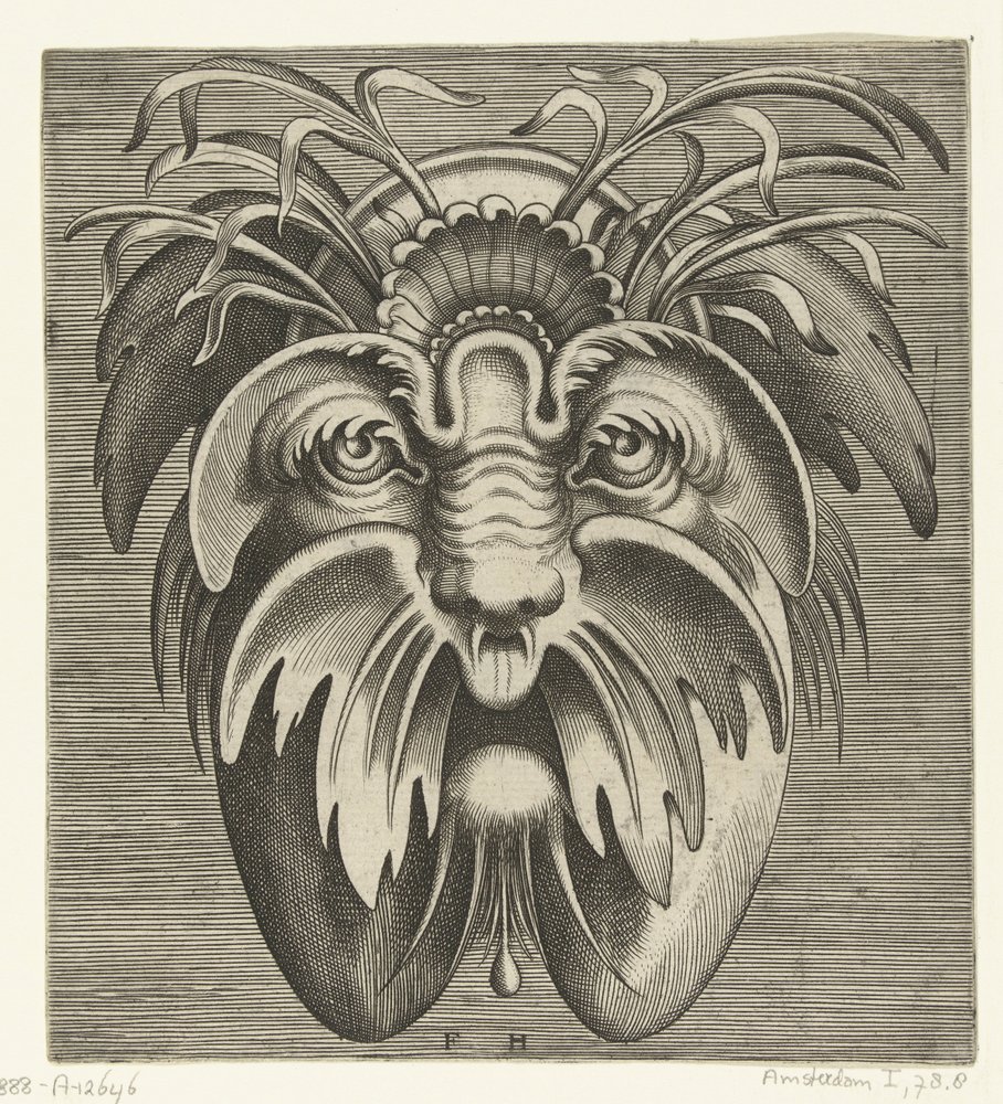 Maske med slappe kinn og bart, det er gress i håret Pourtraicture ingenieuse de plusieurs facons de masques... (serietittel) av Frans Huys
