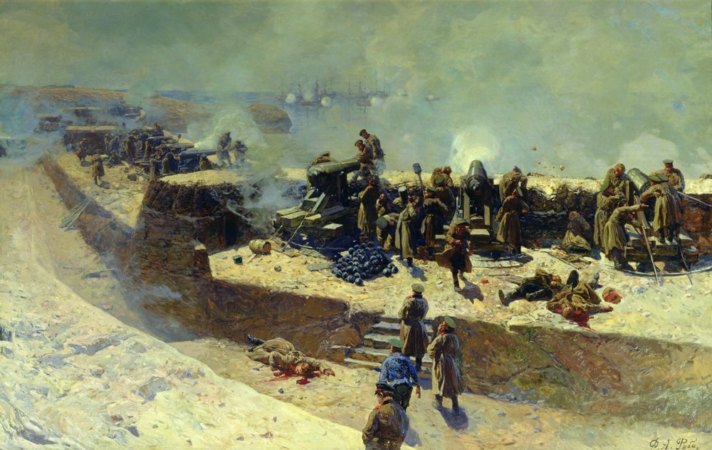 Alexander-batteriet angriper den engelsk-franske flåten 5. oktober 1854, 1905 av Franz Roubaud