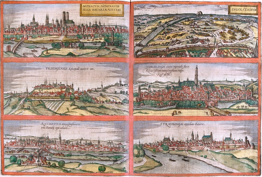 Utsikt over München (Monacum) Ingolstadt (Ingolstadium), Freising (Frisingensis), Nordlingen (Nordlinga), Regensburg (Ratispona) og Straubing (Stravbinga), Tyskland (etsing av Franz Hogenberg