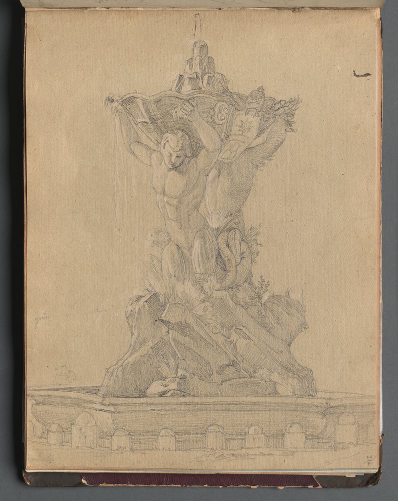 Album med utsikt over Roma og omegn, landskapsstudier, side 21a: Romersk fontene av Franz Johann Heinrich Nadorp