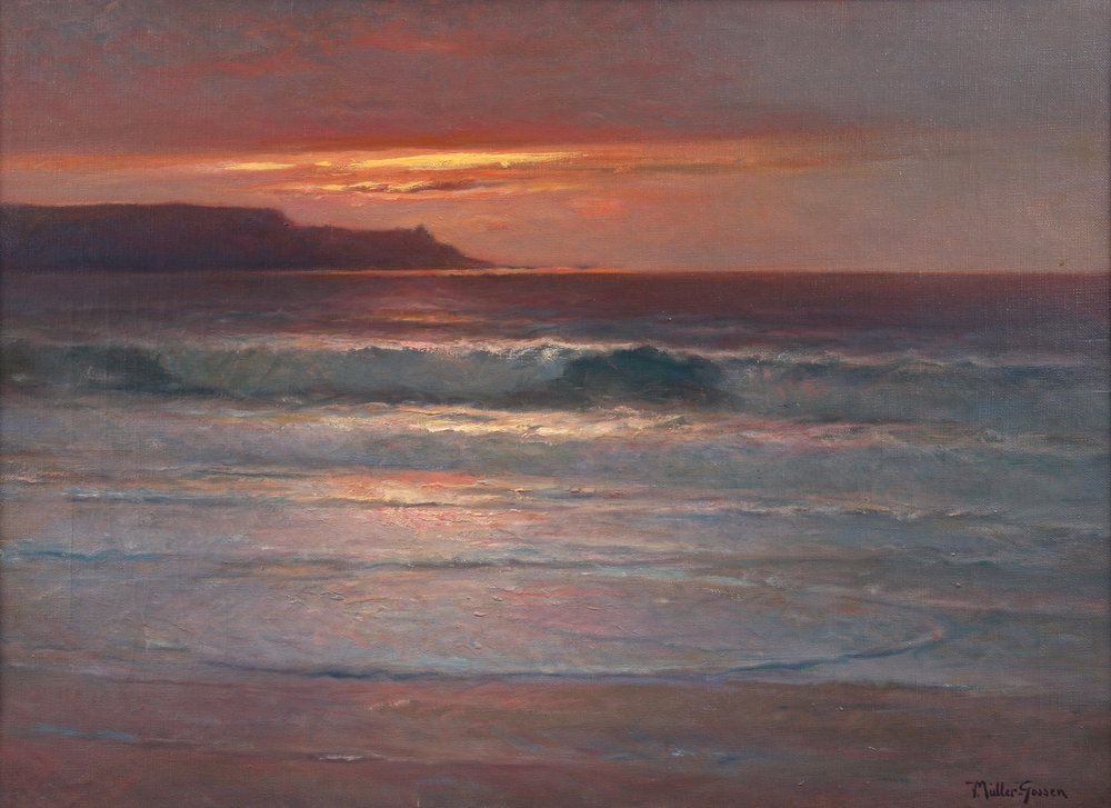 Siste av sommerens stråler på bølgene, ca. 1890-1900 (olje på lerret) av Franz Muller-Gossen