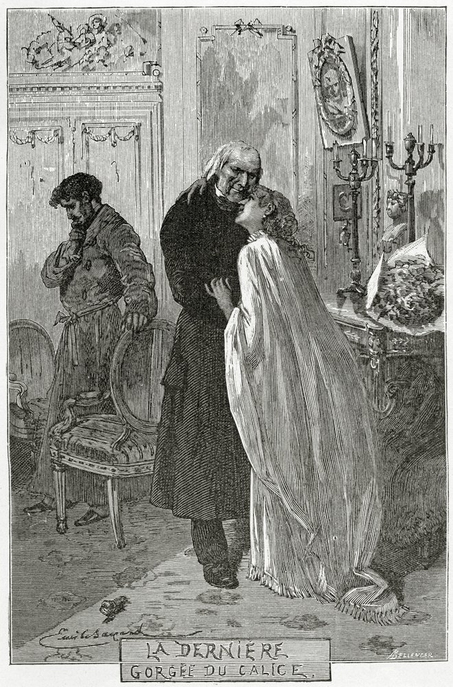 The Last Gorge of Chalice - Illustrasjon fra Les Misérables, 1800-tallet (bw-gravering) av Frederic Theodore Lix
