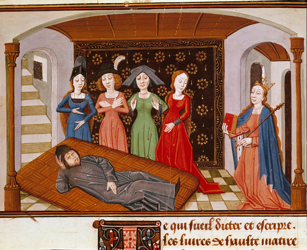 Boece (Boezio) omgir filosofi og muser. Miniatyr hentet fra ""De Consolatione Philosophiae""" (Filosofiens trøst) av Boece (eller Anicius Manlius Torquatus Severinus Boetius eller Boethius) oversatt av Johannes av Meung (1240-1305). Rouen. kommune av French School