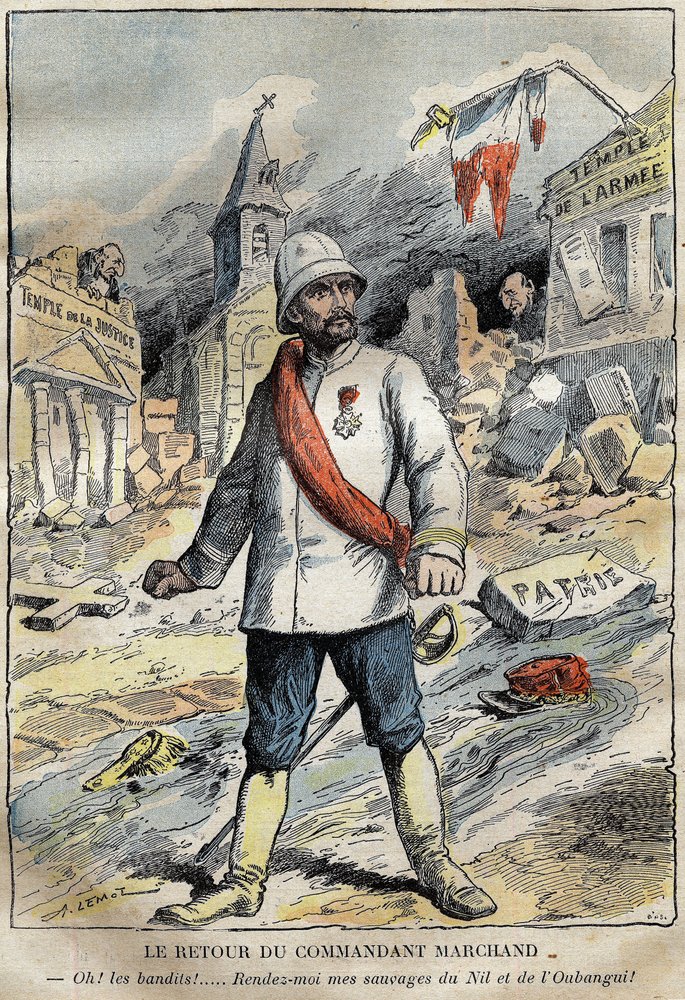 Tegneserie om kommandør Jean-Baptiste (Jean Baptiste) Marchand (1863-1934), i Toulon, på vei tilbake fra et leteoppdrag (1896-1899) i Afrika. Gravering i "" Le Pelerin"" 4/06/1899. av French School