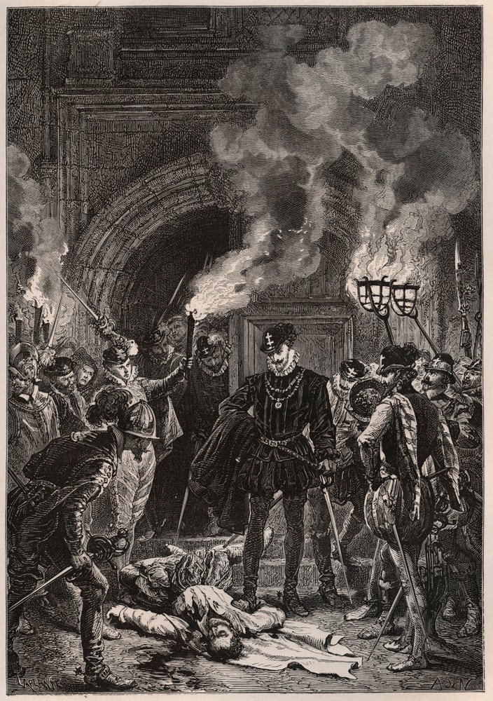 Henrik I av Lorraine (1549-1588), hertug av Guise, betrakter ved daggry under Bartolomeusnatten 24. august 1572 liket av Gaspard II de Coligny (1519-1572) (Sankt Bartolomeus) - Coligny, fransk protestantisk admiral og religiøs leder, drept under av French School