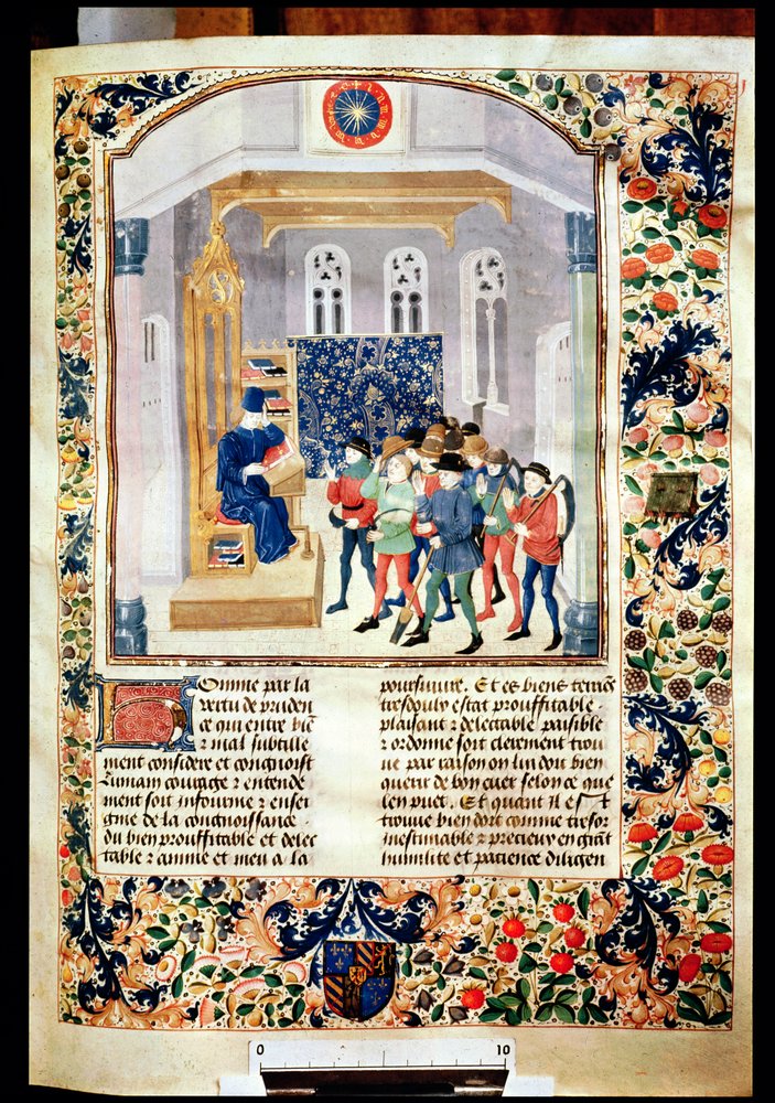 Ms 5064 fol.1r Forfatteren presenterer sin bok for bøndene, fra Livre des Prouffitz Champestres av Pietro de Crescenzi (1230-132021) av French School
