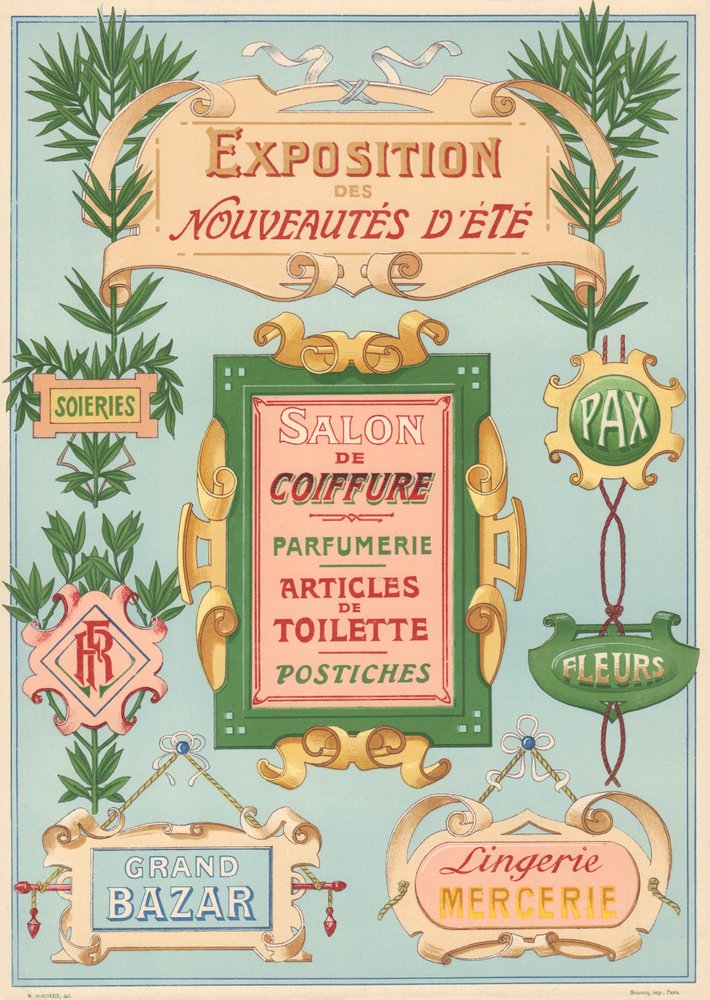 Tavle nr. 17: Skiltmodeller for jugendmaler (utstilling, frisørsalong, basar, sybehør). av French School