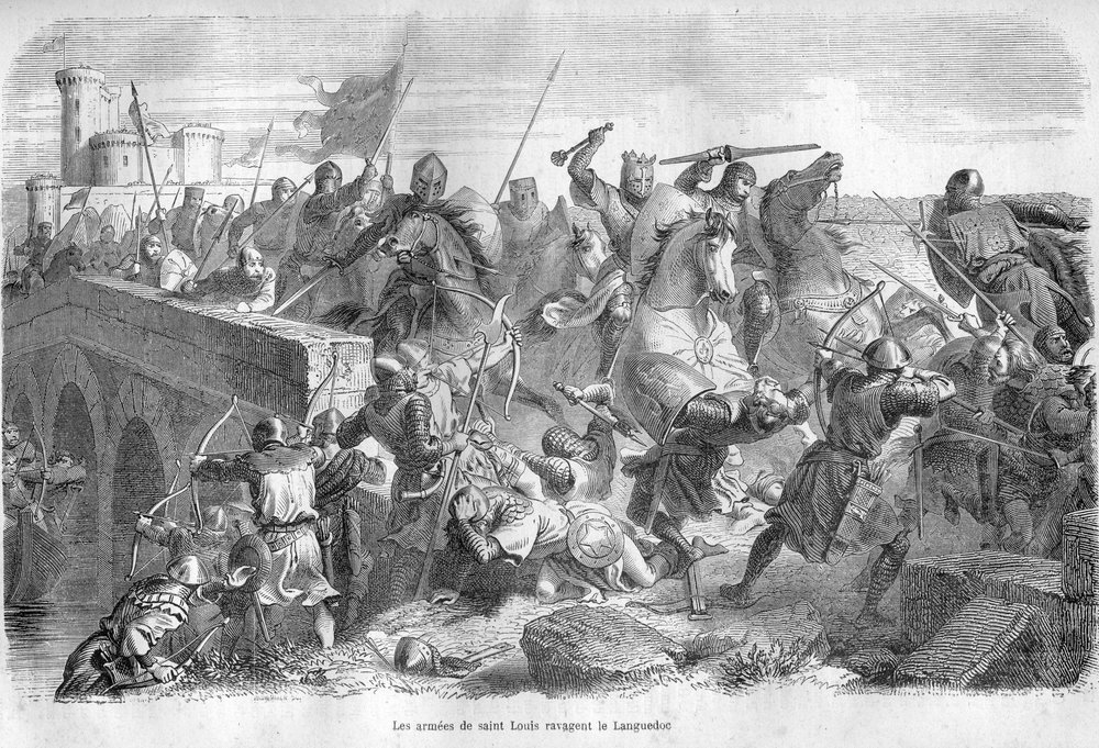 Armeene til Saint Louis raventer Languedoc på 1200-tallet - - Gravering i "Pavenes historie" (...) Dronningens konge og keiseres forbrytelser gjennom århundrene" av Maurice Lachatre av French School