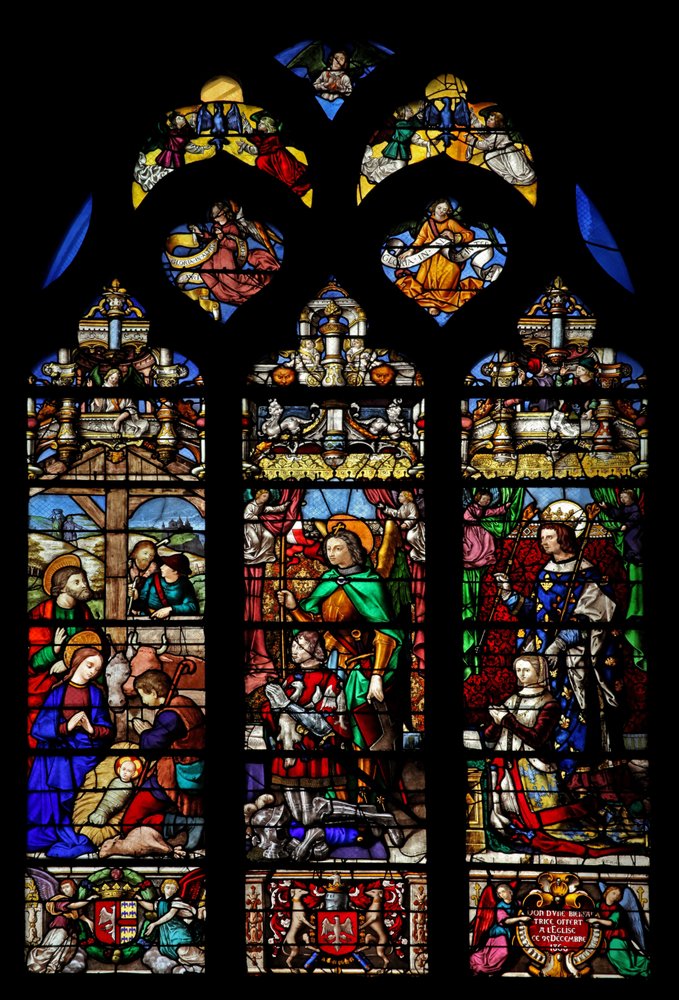 Vindu w6 som viser fødselen med hyrder; giverne Gaspard de Coligny og hustru og skytshelgener av French School