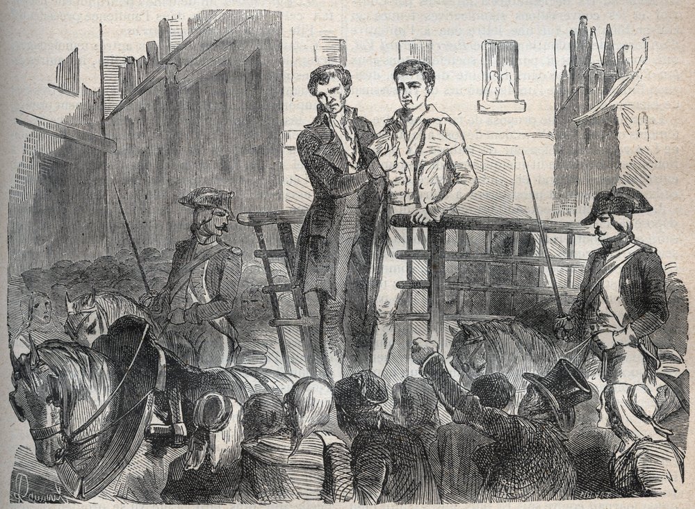 the Lyon mail post affair - Affaire du courrier de Lyon: Joseph Lesurques and Couriol go to the guillotine on 3 October 1796 - Engraving in “Causes celebres de tous les peuples” by Armand Fouquier (1817-18?) 1858-1867 - private collection av French School