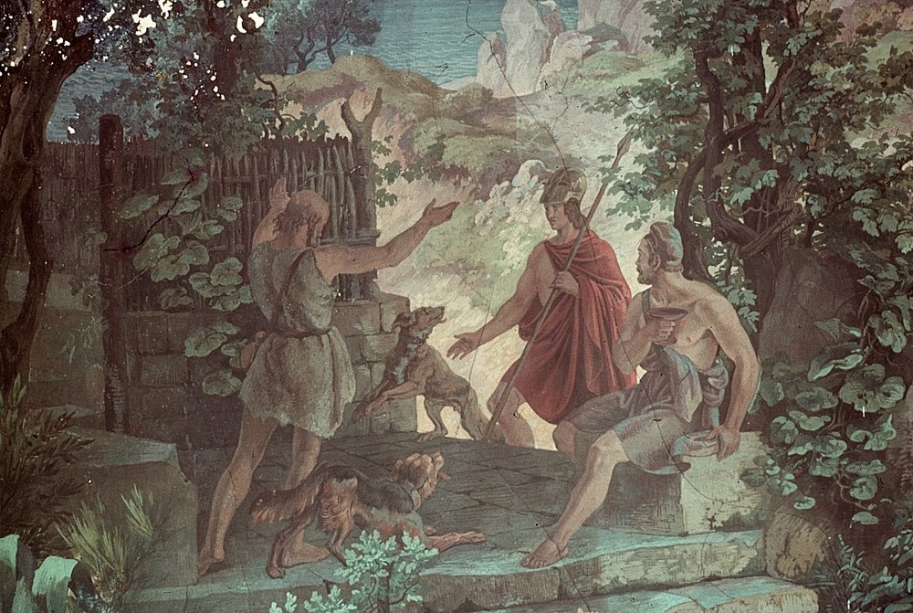Odyssevs hos svinegjeteren Eumaios, scener fra Odysseen av Friedrich the Elder Preller
