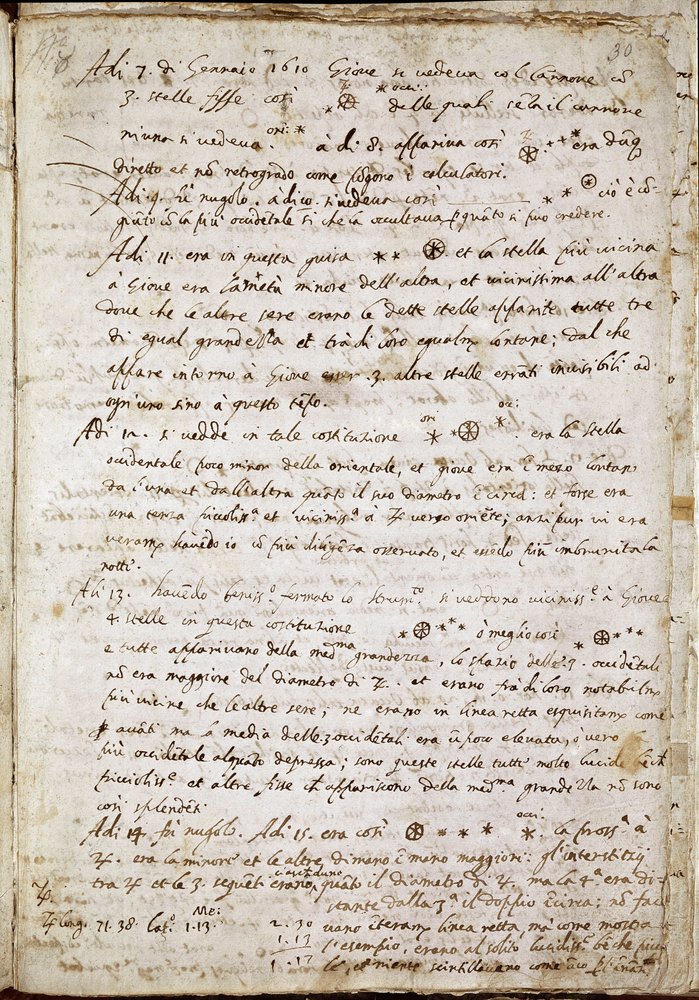 Side med "" Sidereus Nuncius"" der Galileo navngir de fire stjernene som Medicea Sidera eller Pianeti Medicei (Medicanske planeter): manuskript av den italienske astronomen og fysikeren Galileo Galilei dit Galilee (1564-1642) skrevet for Cosimo de Medicis  av Galileo Galilei