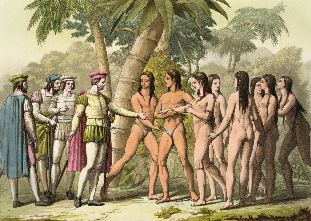 Kristoffer Columbus (1451-1506) med Hernán Cortés (1485-1547) som mottar en indiansk jente som gave, fra «Le Costume Ancien et Moderne», bind I, plansje 5, av Jules Ferrario, utgitt ca. 182 av Gallo Gallina