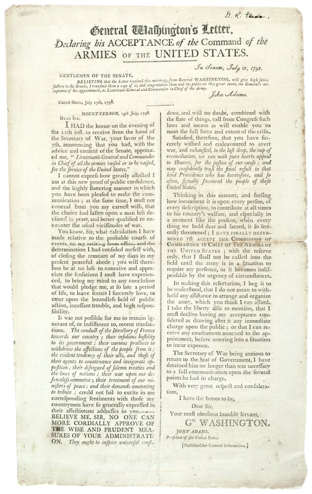 General Washingtons brev som erklærte at han aksepterte kommandoen, 18. juli 1798 av George Washington