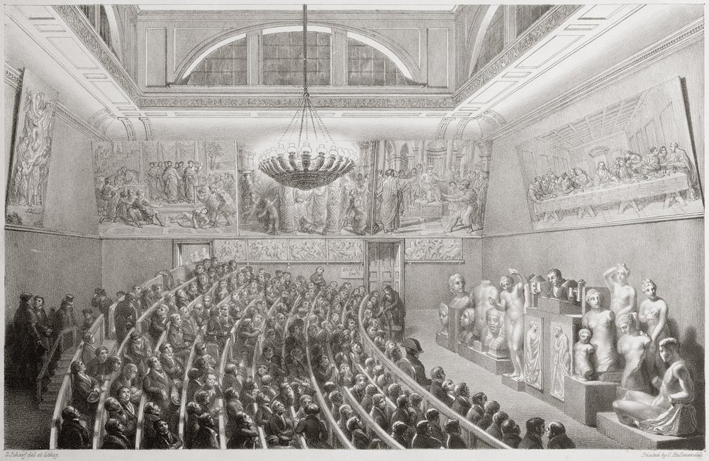 Sir Richard Westmacott (1775-1856) presenterer en forelesning om skulptur ved Royal Academy of Arts, Somerset House i 1830, 1830 av George the Elder Scharf