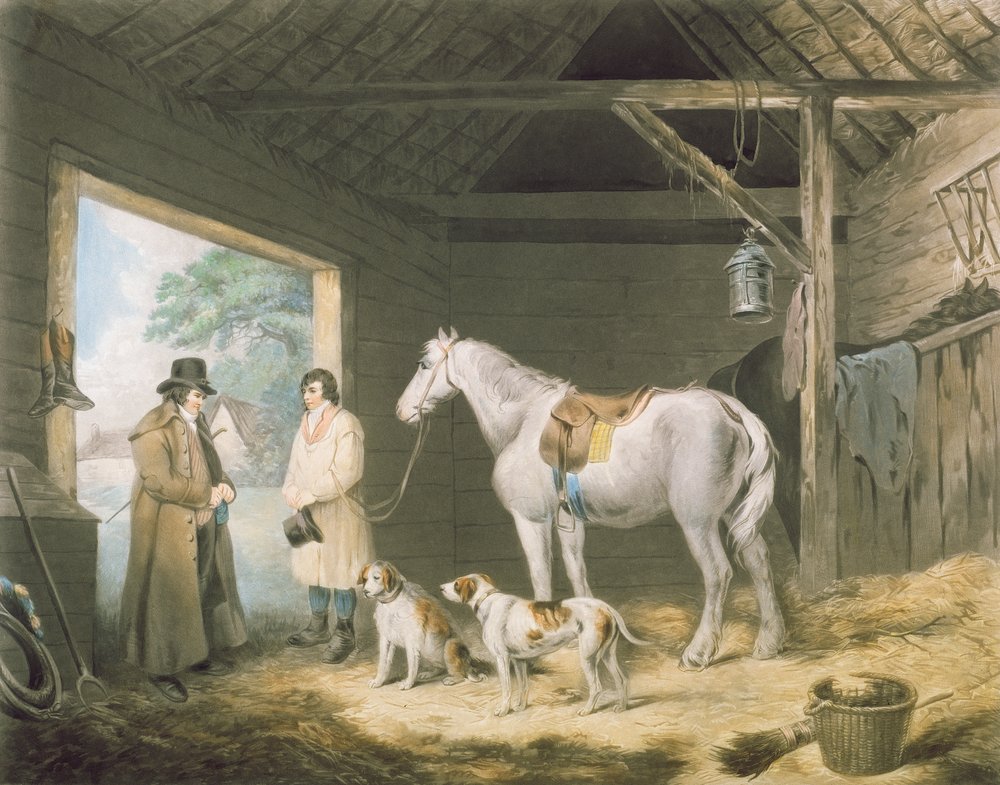 Paying the Hostler, gravert av Samuel William Reynolds (1773-1835), pub. av H. Macklin, 1805 (mezzotintgravering) av George Morland