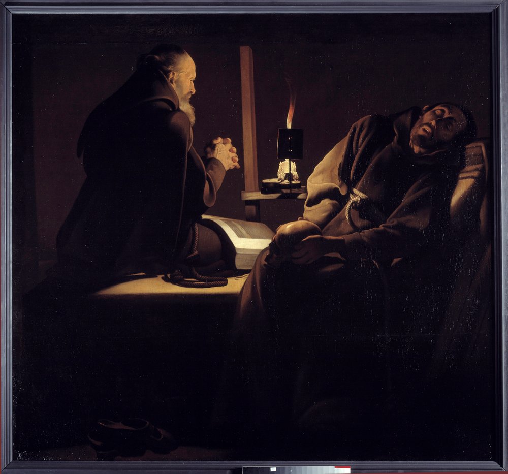 Ekstasen til Saint Francois også kalt en munk i bønn nær en døende munk eller de to munkene. Maleri (Vanite) av Georges de La Tour (1593-1652) av Georges de la (after) Tour