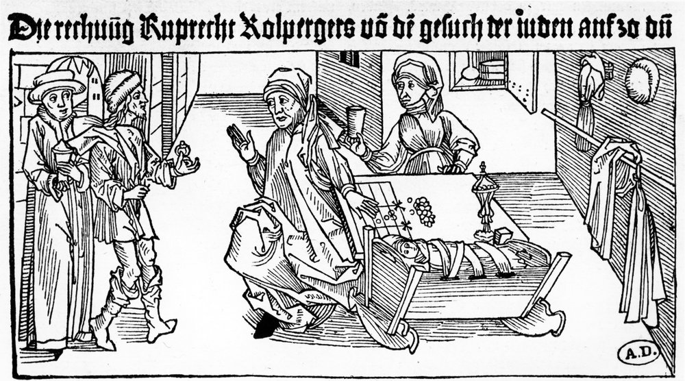 Jødisk pengeutlåner med familien sin som mottar kunder, 1491 (tregravering) av German School