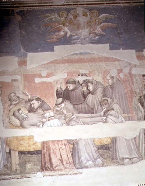 The Death of St. Francis, detalj av båren, fra Bardi-kapellet (fresco) (se også 63380, 63329, 99676) av Giotto (c.1266-1337)