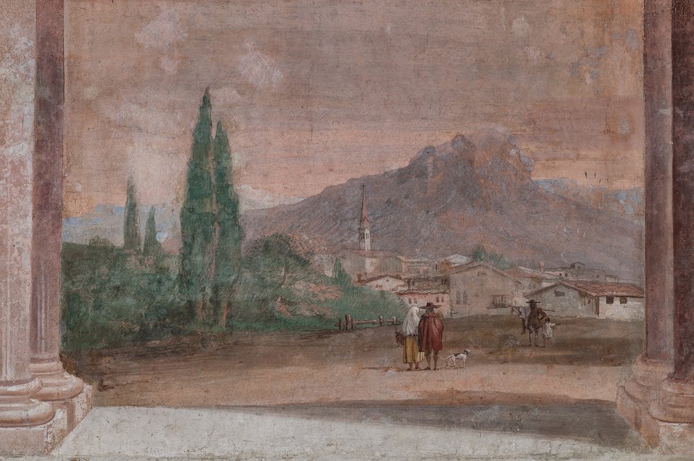 Palazzina (liten bygning): utsikt over det første rommet og dets fresker som representerer episoder fra Iliaden: "Amor med piler som flyr over et venetiansk landskap", detalj om landskapet av Giovanni-Battista Tiepolo