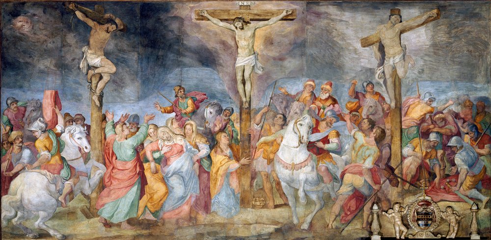 Korsfestelsen, INRI-innskrift på korset. På sidene er den gode røveren, også kalt den hellige Dismas (eller Dysmas, Dimas, Dumas), og den onde røveren (Gesmas eller Gestas), to røvere korsfestet med Jesus Kristus. Freske av Giovanni B av Giovanni Battista Ricci