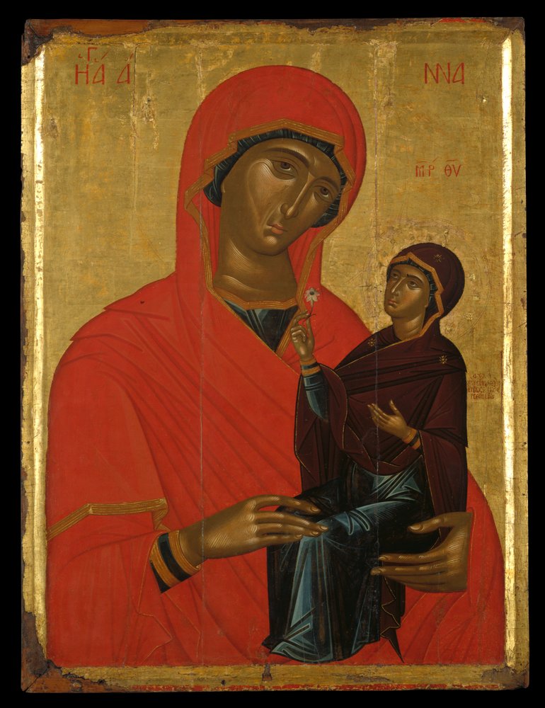 Ikon for St Anne og Jomfruen (eggtempera på panel) av Greek School