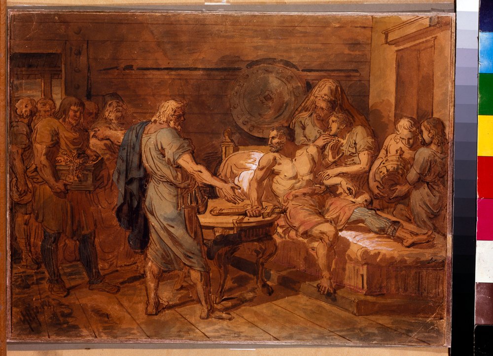 Kuzma Minins (død 1616) appell til prins Dmitri Pozharsky (1577-1642) - Verk av Grigori Ivanovich Ugryumov (Ugrioumov) (1764-1823), akvarell og hvitt på papir, rundt 1800 (31,6x42 cm) - (Kuz appellerer tilma Mini) - (Kuzma Mini) prinsen Dmitrij Pozharsky,  av Grigoriy Ivanovich Ugryumov