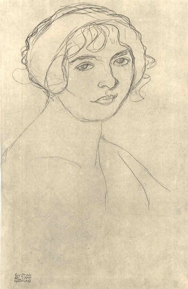 Brystbilde av en naken jente vendt mot høyre av Gustav Klimt
