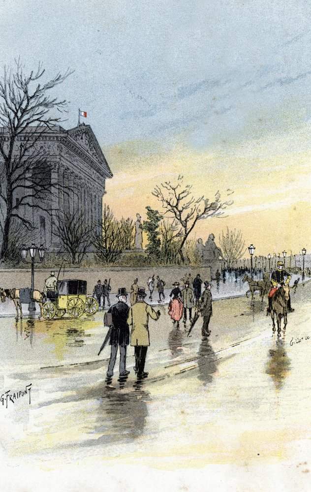 Utsikt over Palais Bourbon, sete for den franske nasjonalforsamlingen, Paris. Tegning av Gustave Fraipont (1849-1923) etter Saint-Juirs av Gustave Fraipont
