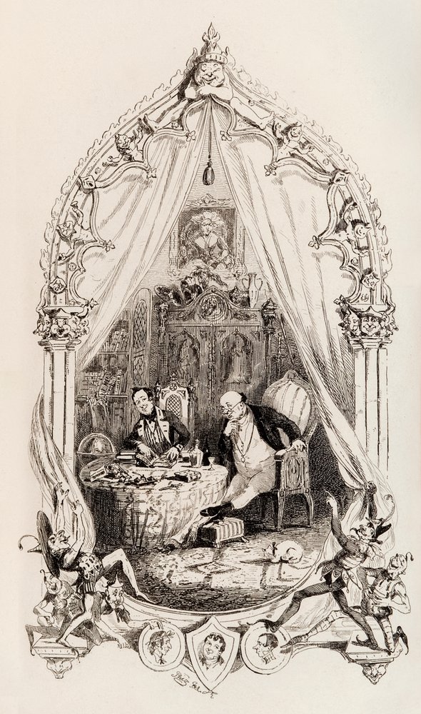 Frontispice fra The Posthumous Papers of the Pickwick Club utgitt i bokform i 1837 av Hablot Knight Browne