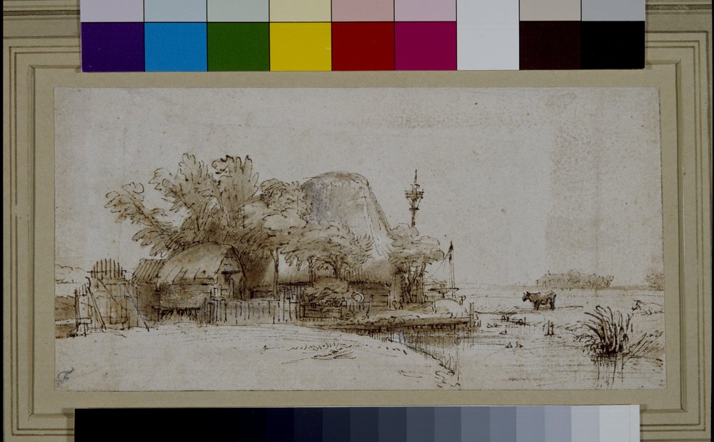 Landskap med et gårdshus ved en elv (penn og blekk på papir) av Harmensz Van Rijn (after) Rembrandt