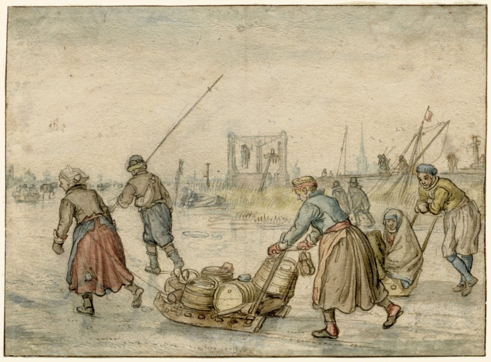 Vinterlandskap med to kvinner og en slede og andre figurer på isen, en galge i det fjerne av Hendrick Avercamp
