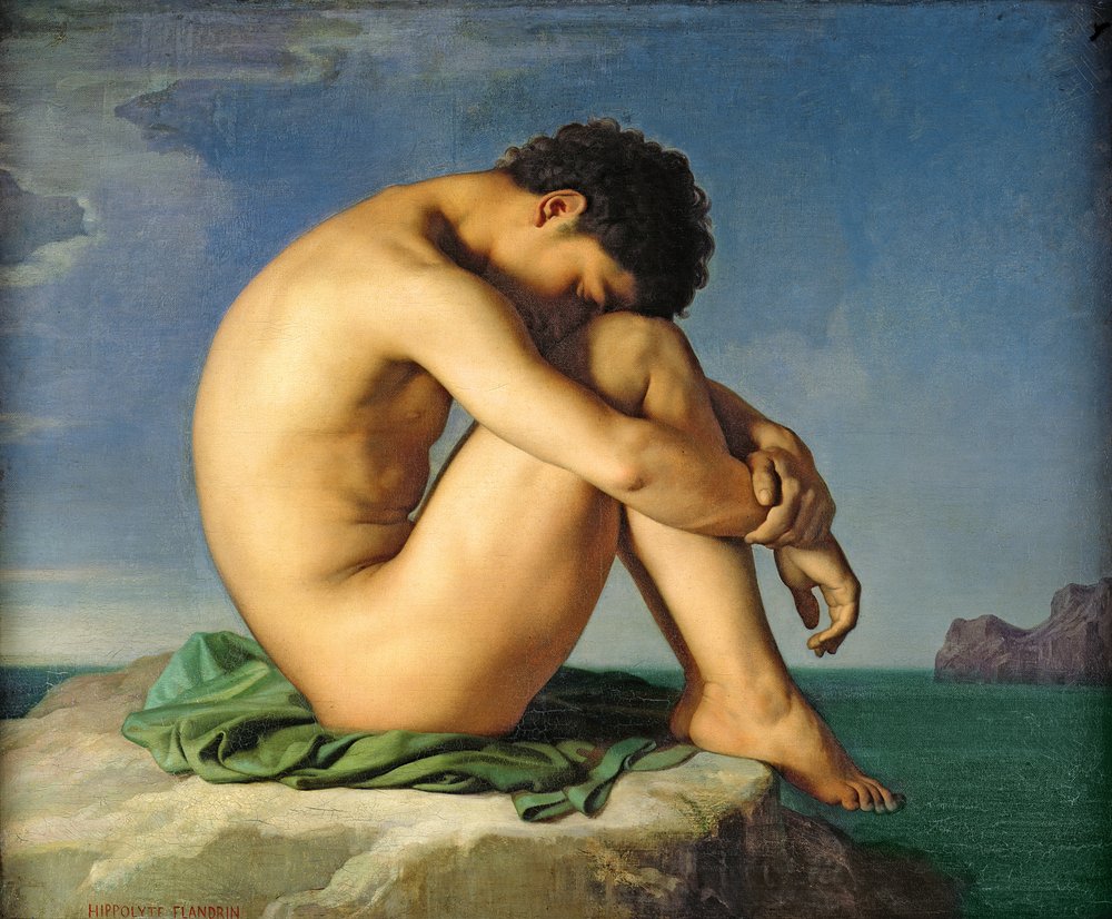 Naken ung mann sittende ved havet, 1836 av Hippolyte Flandrin