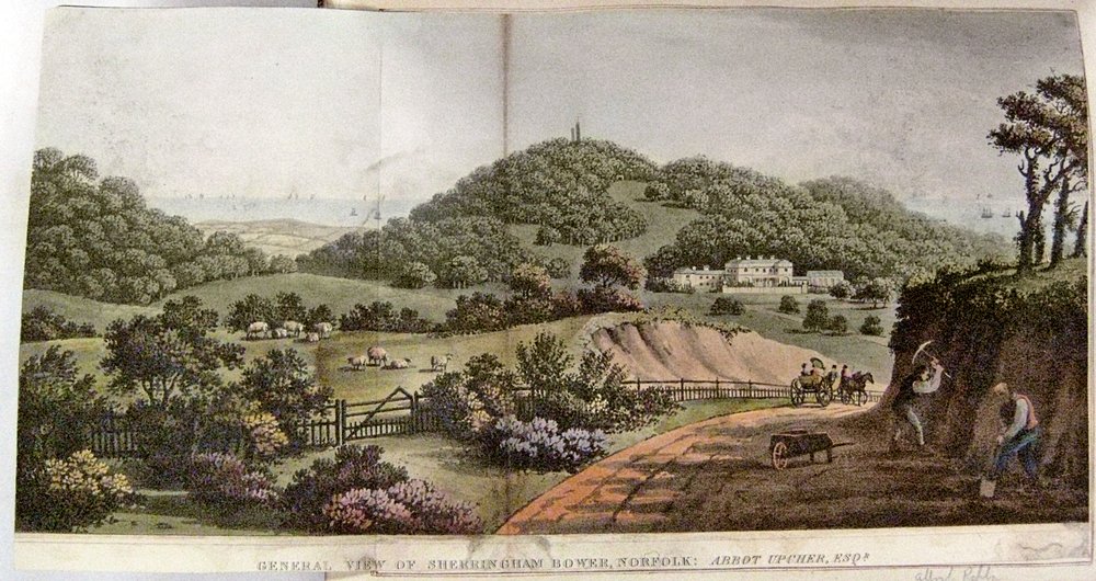 Oversiktsbilde av Sherringham Bower, Norfolk: Abbot Upcher, ca. 1812 av Humphry Repton