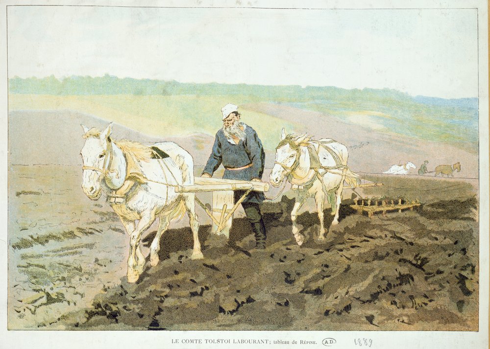 Forfatteren Lev Nikolaevich Tolstoy (1828-1910) pløyer med hester, 1889 av Ilya Efimovich Repin