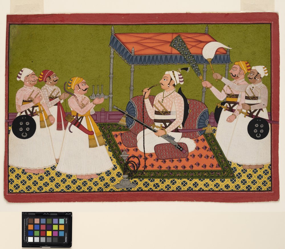 En maharaja av Samode, ca. 1760 (ugjennomsiktig m/c sølv og gull på papir) av Indian School