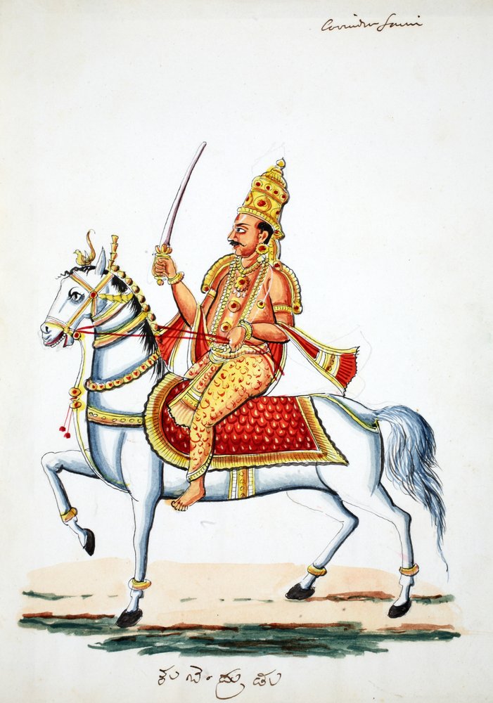 Herren Kalki på hesten sin Devadatta med sverd i hånden av Indian School