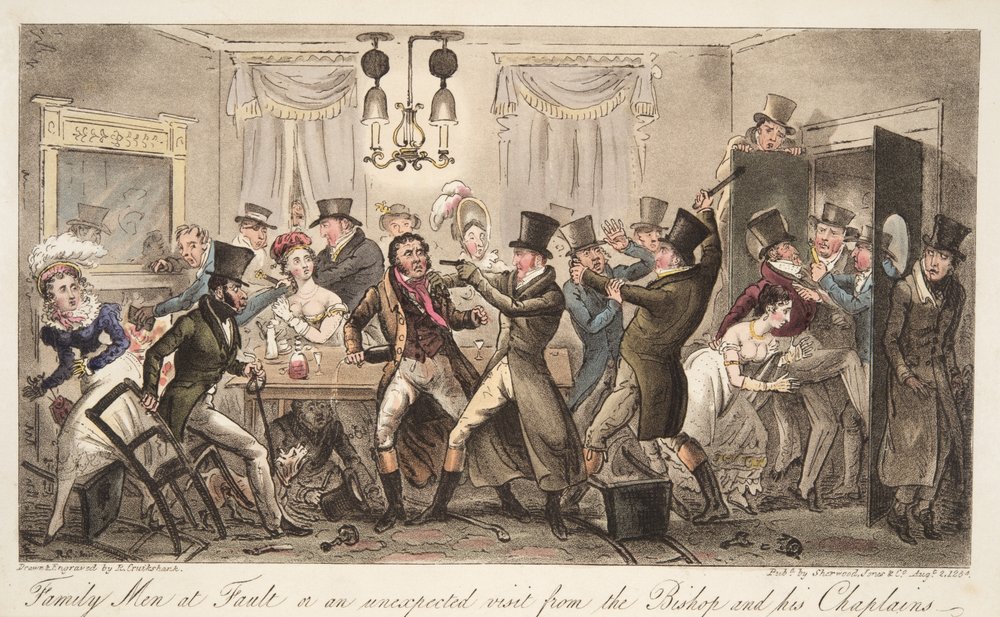 Family Men at Fault, eller et uventet besøk fra The Bishop and his Chaplains, fra The English Spy, pub. 1824 (håndfarget gravering) av Isaac Robert Cruikshank