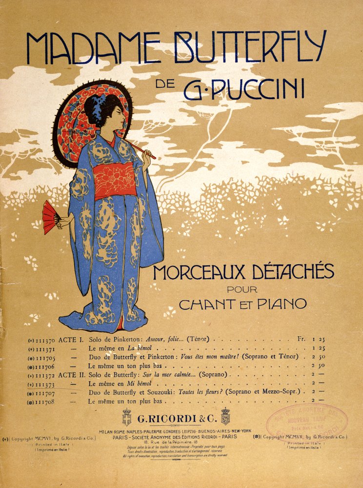 Forsiden av et partiturark for utdrag fra «Madame Butterfly» av Giacomo Puccini (1858–1924) 1906 (fargelitografi) av Italian School