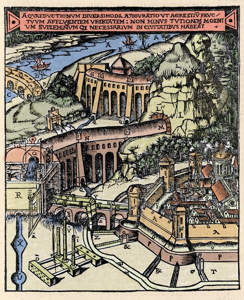Representasjon av en akvedukt. Coloree gravering fra "" De Architectura"" av Vitruva (1. århundre f.Kr.) - Utgave av Gottardo da Ponte, Come av Italian School