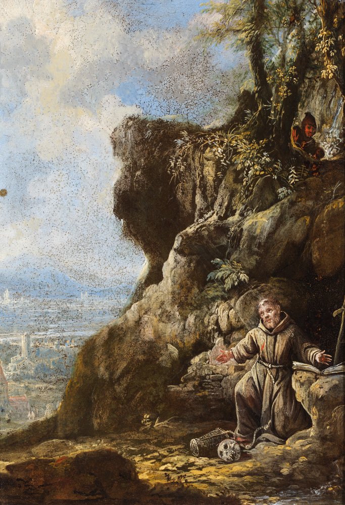 Sankt Frans i ekstase ved et fjellutspring, et landskap bortenfor (olje på kobber) av Italo-Flemish School